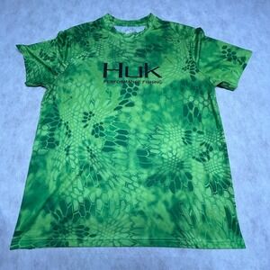 Huk Kryptek Performance Fishing T-Shirt Short Sleeve Green Camo Mens L
